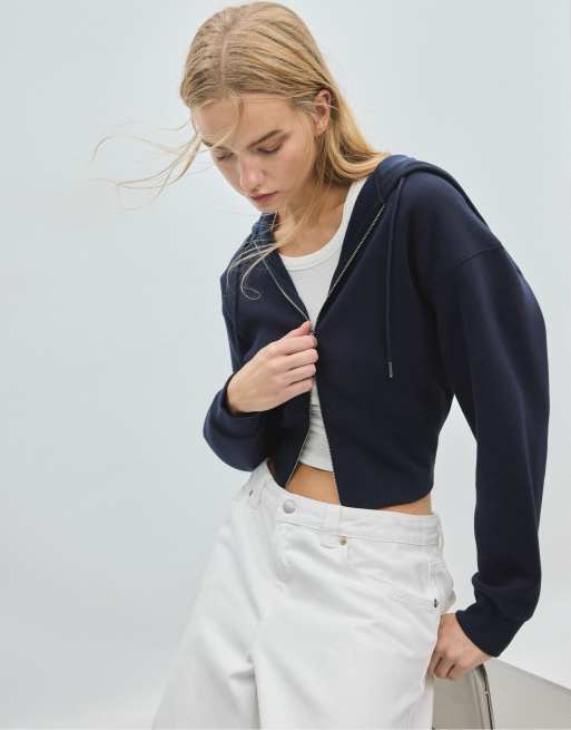 Stradivarius felpa con cappuccio con zip blu navy, 5 di 7