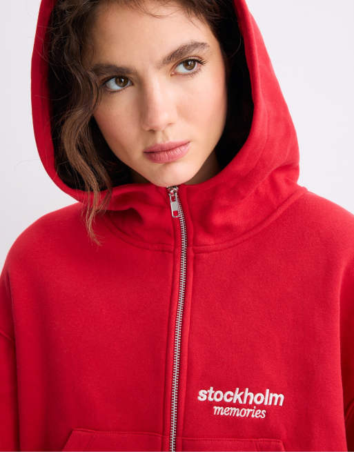 Stradivarius felpa con cappuccio con zip rossa, 4 di 7