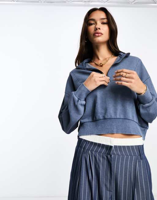 Stradivarius - Felpa con cappuccio lavaggio blu navy con zip 