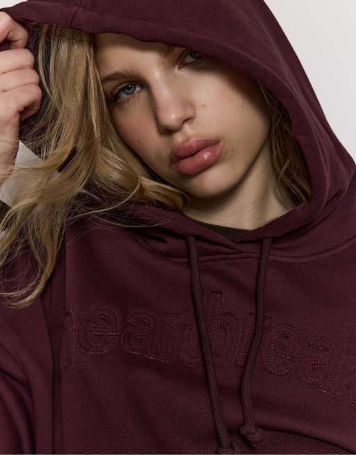 Stradivarius - Felpa con cappuccio ricamata bordeaux, 2 di 4