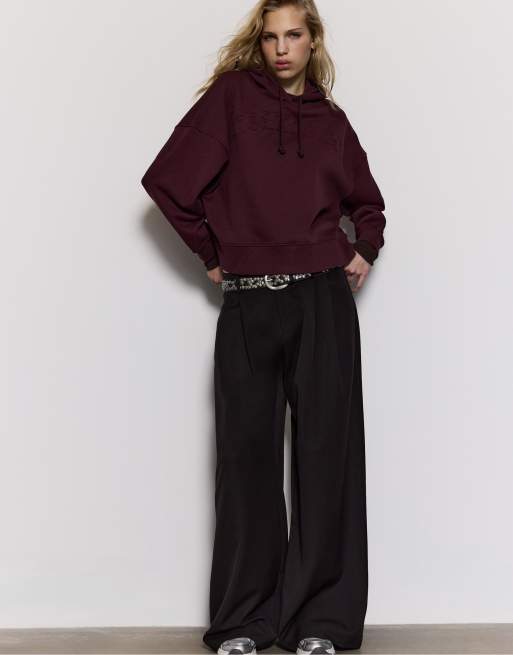 Stradivarius - Felpa con cappuccio ricamata bordeaux, 4 di 4