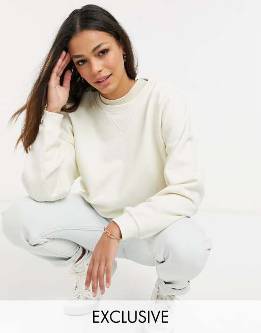 Stradivarius - Felpa girocollo in cotone écru - WHITE