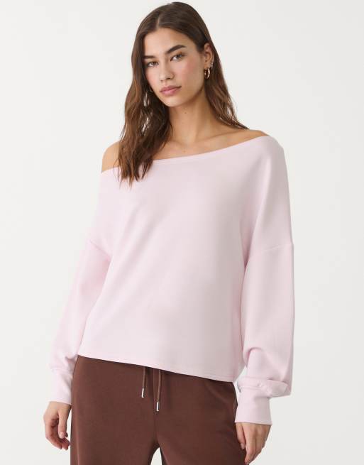 Stradivarius - Felpa morbida al tatto con spalla scoperta rosa pastello, 4 di 4
