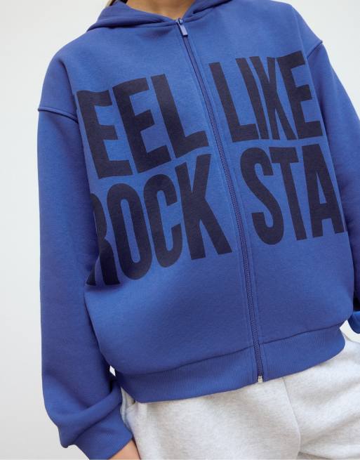 Stradivarius felpa oversize con cappuccio stampata blu elettrico, 4 di 6