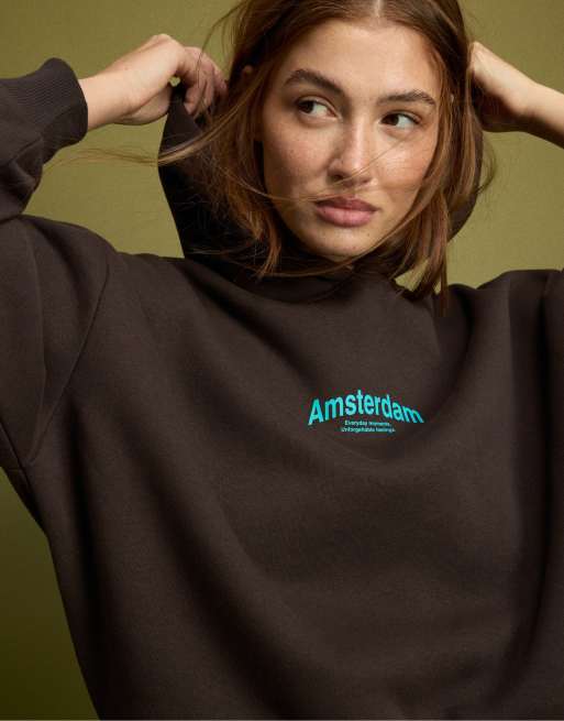 Stradivarius felpa oversize con stampa grafica marrone, 4 di 7