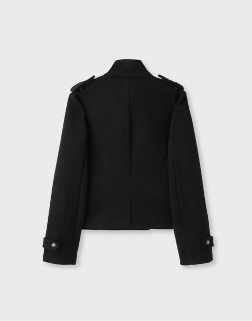 Stradivarius Felt texture button-up coat in black, 7 of 7