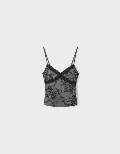 Stradivarius Felted lace fitted top in dark grey, 6 of 7