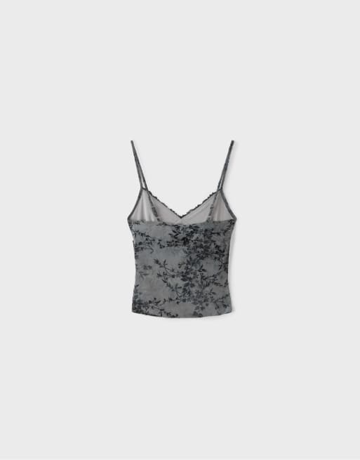 Stradivarius Felted lace fitted top in dark grey, 7 of 7