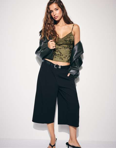 Stradivarius Felted lace fitted top in khaki - view 1