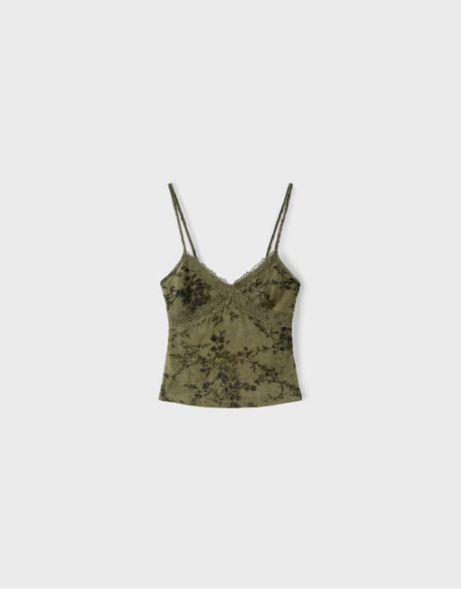 Stradivarius Felted lace fitted top in khaki, 6 of 7