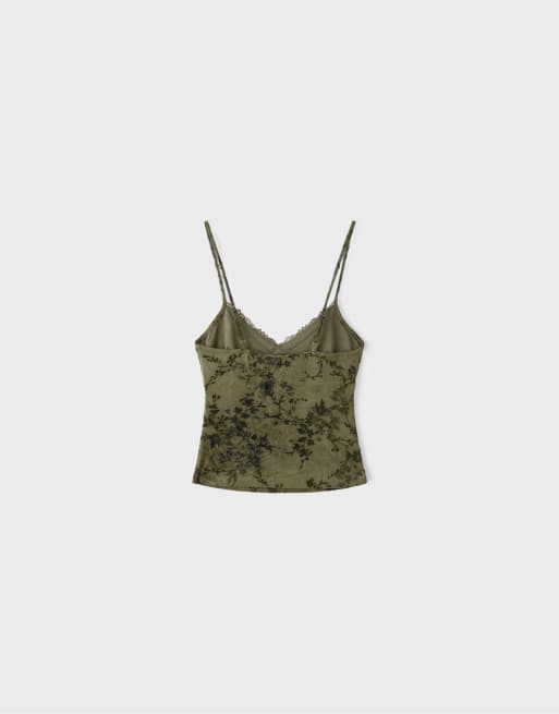 Stradivarius Felted lace fitted top in khaki, 7 of 7