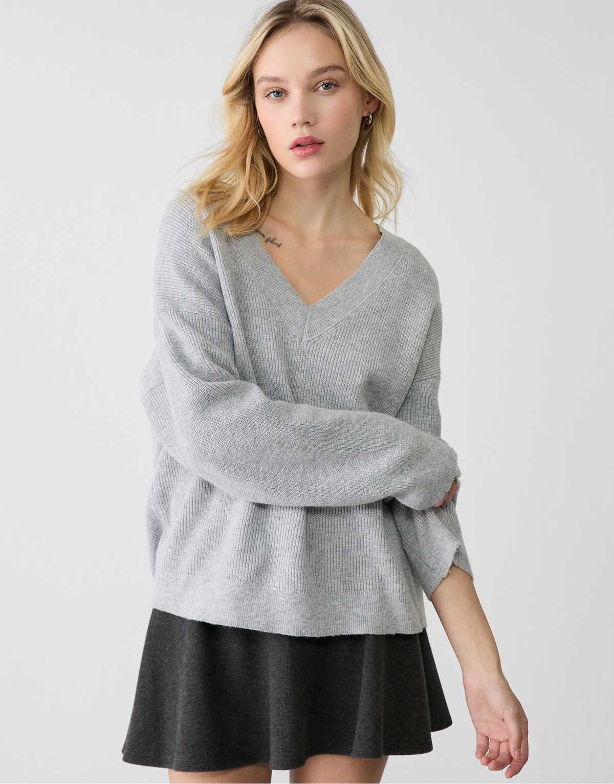 Stradivarius felted v neck sweater in grey melange