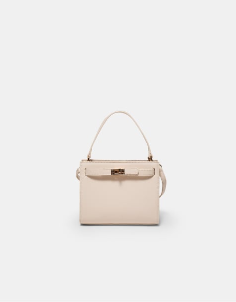 Stradivarius – Feste, kastige Umhängetasche in Ecru - view 1