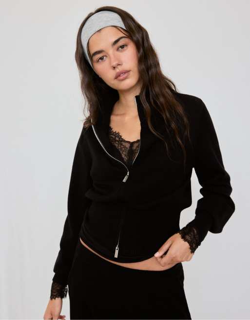 Stradivarius figurbetonte Strickjacke mit Reißverschluss in Schwarz, 2 von 7