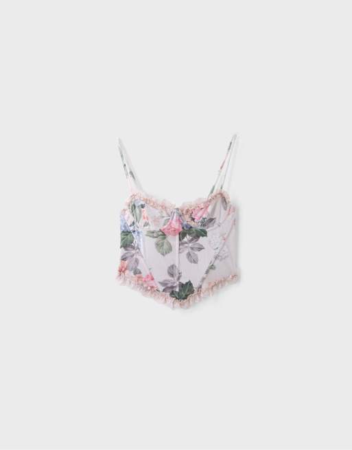 Stradivarius figursydd topp med blommigt tryck och kort design i sten, 6 av 7