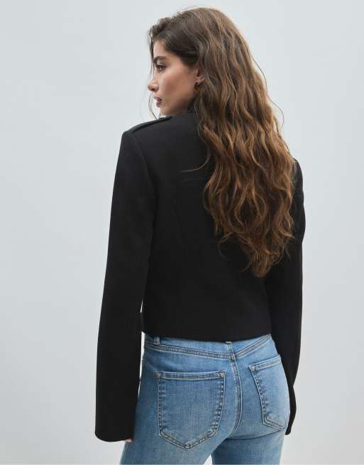Stradivarius figursyet blazer med metalknapper i sort, 3 af 7