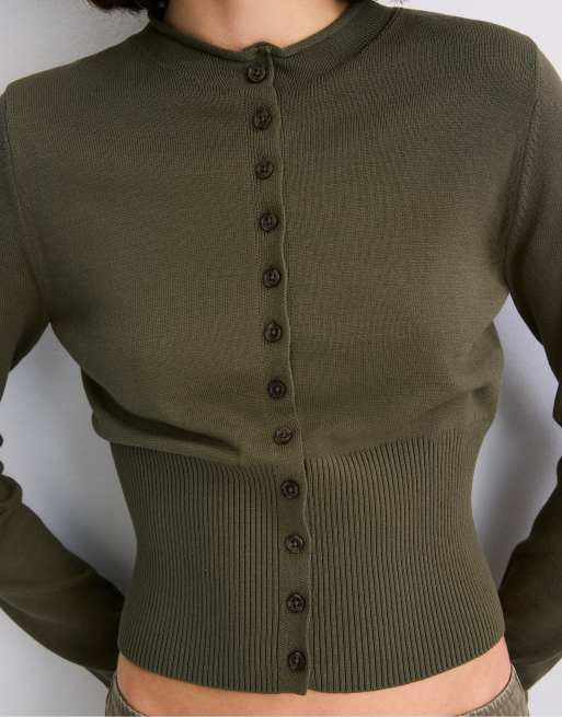 Stradivarius figursyet cardigan med opretstående krave i khaki, 4 af 7