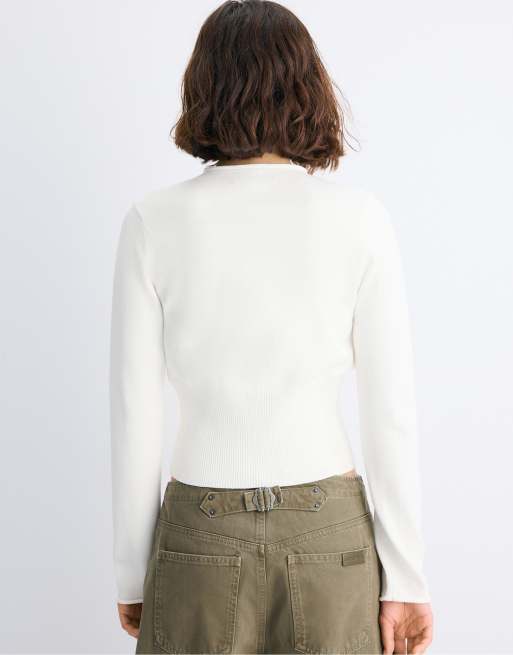 Stradivarius figursyet cardigan med ståkrave i ecru, 3 af 7