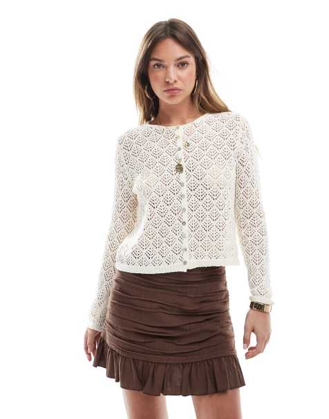 Stradivarius - Fijngebreid vest met lange mouwen in beige - view 1
