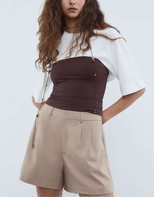 Stradivarius finshorts med pressveck i brun, 2 av 4