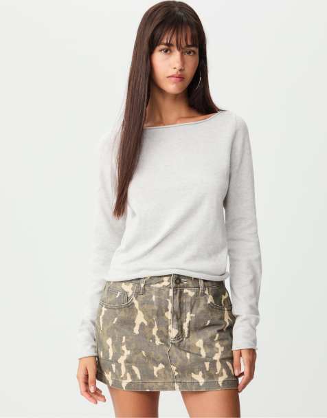 Stradivarius Fitted boat neck sweater in grey melange