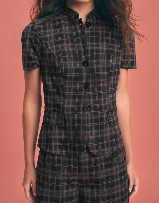 Stradivarius Fitted check short sleeve shirt in black, 2 of 7