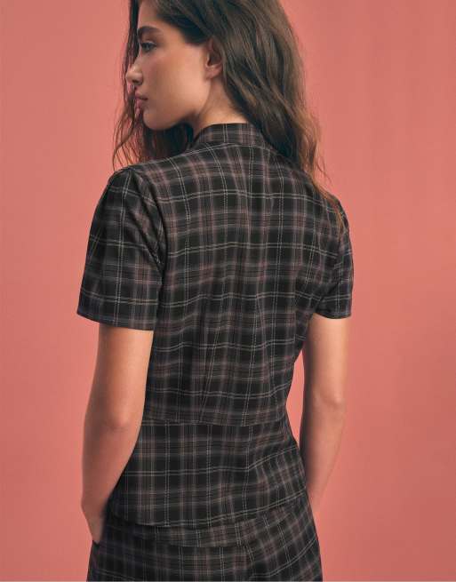 Stradivarius Fitted check short sleeve shirt in black, 3 of 7