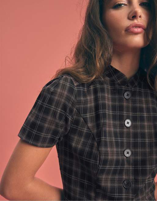Stradivarius Fitted check short sleeve shirt in black, 4 of 7