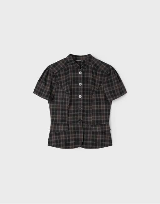 Stradivarius Fitted check short sleeve shirt in black, 6 of 7
