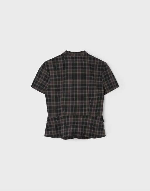 Stradivarius Fitted check short sleeve shirt in black, 7 of 7