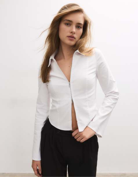 Stradivarius Fitted double zip bengaline shirt in white - view 1
