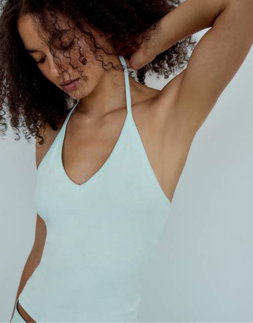 Stradivarius Fitted halter top in turquoise, 2 of 4