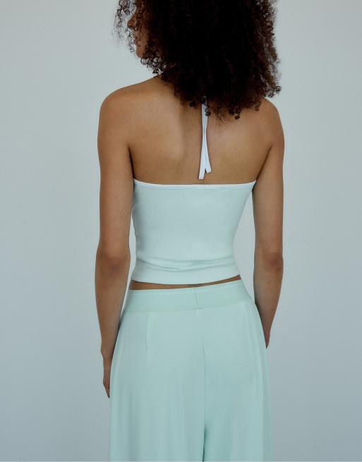 Stradivarius Fitted halter top in turquoise, 3 of 4
