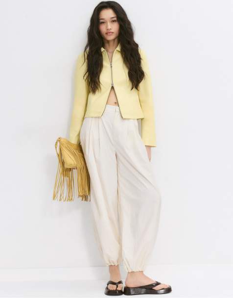 Stradivarius Fitted leather effect jacket in pastel yellow - view 1