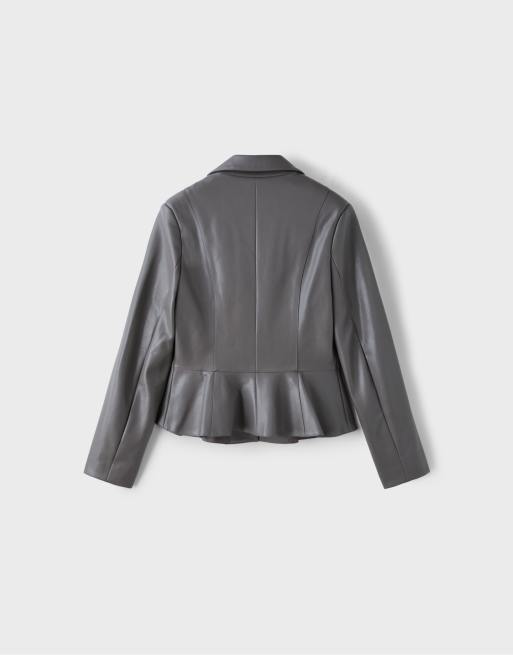 Stradivarius Fitted leather effect peplum blazer in dark grey, 7 of 7