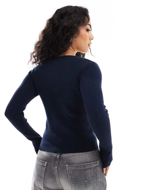 Stradivarius fitted ribbed cardigan in navy, 2 of 4