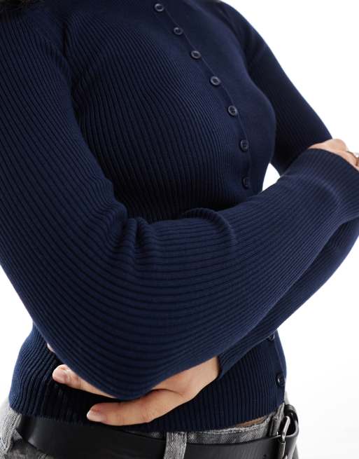 Stradivarius fitted ribbed cardigan in navy, 3 of 4