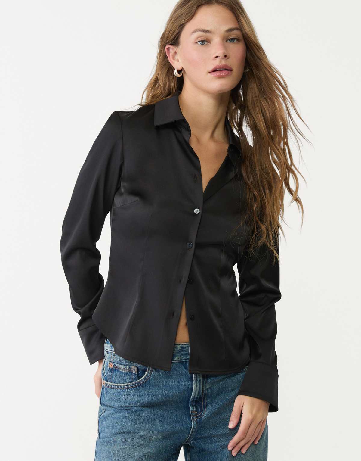 Stradivarius fitted satin shirt in black