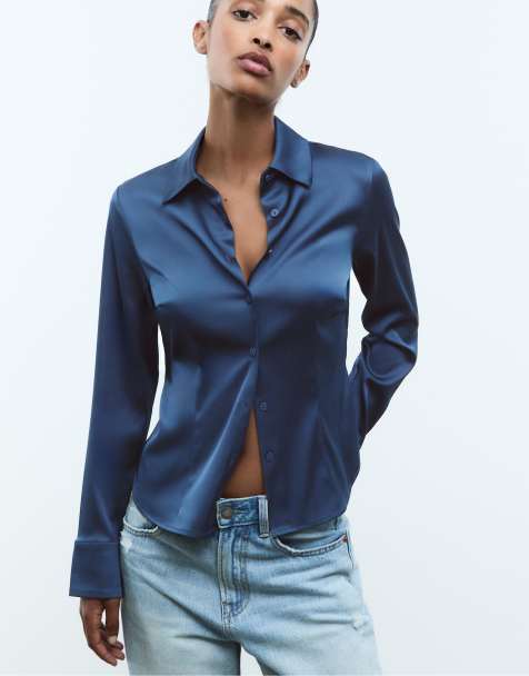 Stradivarius Fitted satin shirt in dark blue - view 1