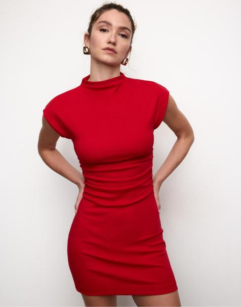 Stradivarius Fitted short dress with ruched detail in red