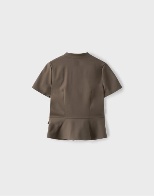Stradivarius Fitted short sleeve shirt in brown, 7 of 7