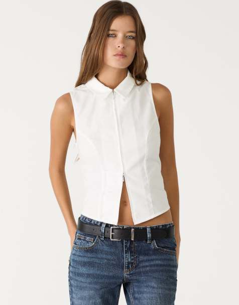 Stradivarius fitted sleeveless shirt with zip in white - view 1