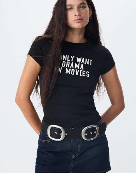 Stradivarius Fitted slogan t-shirt in black - view 1
