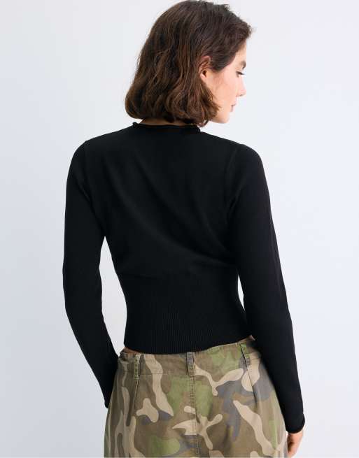 Stradivarius Fitted stand collar cardigan in black, 3 of 7