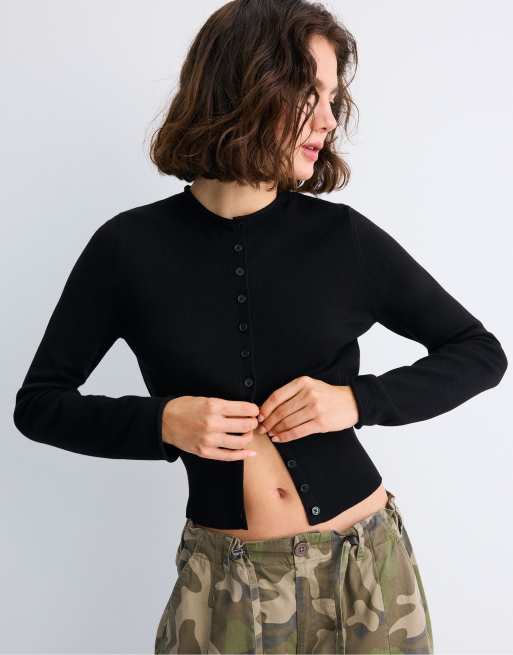 Stradivarius Fitted stand collar cardigan in black, 5 of 7