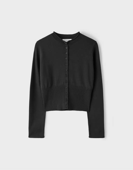 Stradivarius Fitted stand collar cardigan in black, 6 of 7