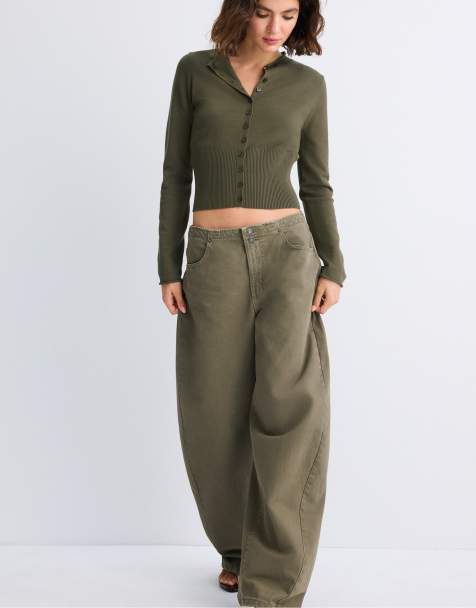 Stradivarius Fitted stand collar cardigan in khaki - view 1