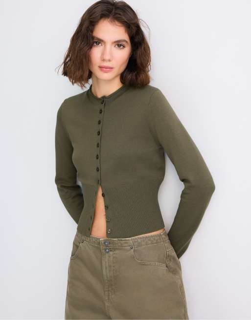 Stradivarius Fitted stand collar cardigan in khaki, 2 of 7