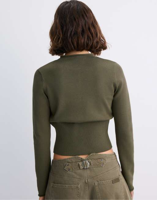 Stradivarius Fitted stand collar cardigan in khaki, 3 of 7