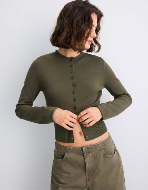 Stradivarius Fitted stand collar cardigan in khaki, 5 of 7